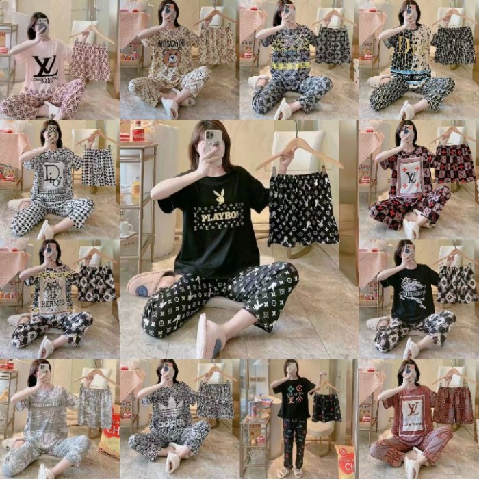 SETELAN  SETCEL  ONE SET PIYAMA BAJU TIDUR  3IN1 WANITA DEWASA  CP SPANDEK IMPORT LENGAN PENDEK 
OVE