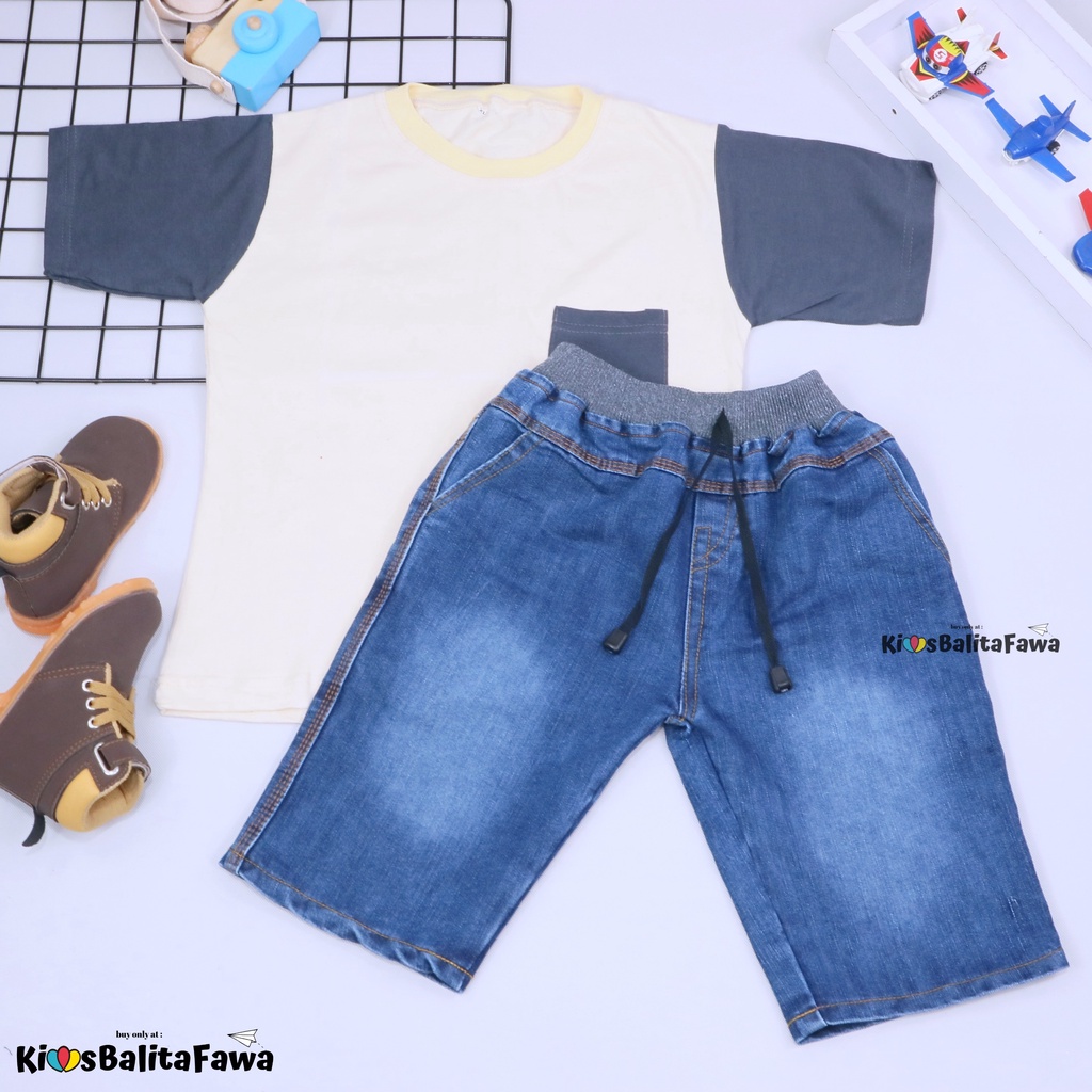 Setelan John Ethes uk 5-6 Tahun / Baju Anak Laki-Laki Lengan Pendek Celana Jeans Set Oblong Kantong