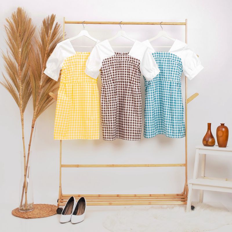 dress two tone combi kotak lengan puff kemeja kombinasi// mini dress motif catur chess// summer dress gaun santai