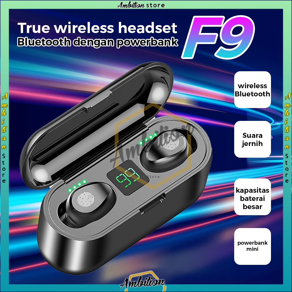 𝐎𝐑𝐈𝐆𝐈𝐍𝐀𝐋 ! 9D With 3000 mAh Powerbank TWS F9 Wireless Earphone Headset Bluetooth 5.0 Dengan Mikrofon HIFI Stereo