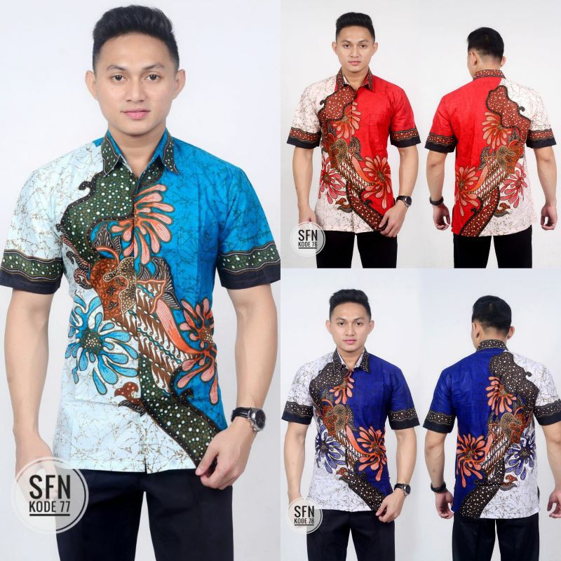 BSWART Batik HRB026 Kenongo Hem Pendek Padi Pekalongan M L XL Batik Pria MURAH Modern Grosir