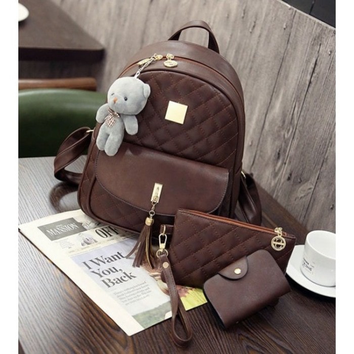 tas ransel punggung fashion coklat besar kuliah sekolah wanita two pcs