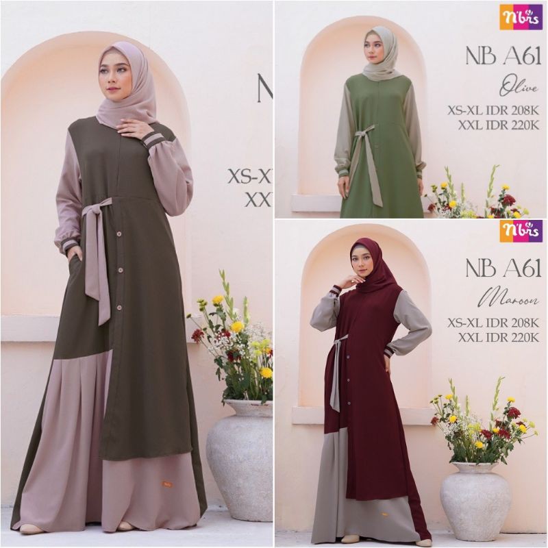 Baju Gamis Nibras Terbaru Dewasa NB A61 Syar'i Muslimah Carina Busui Friendly Saku Sisi