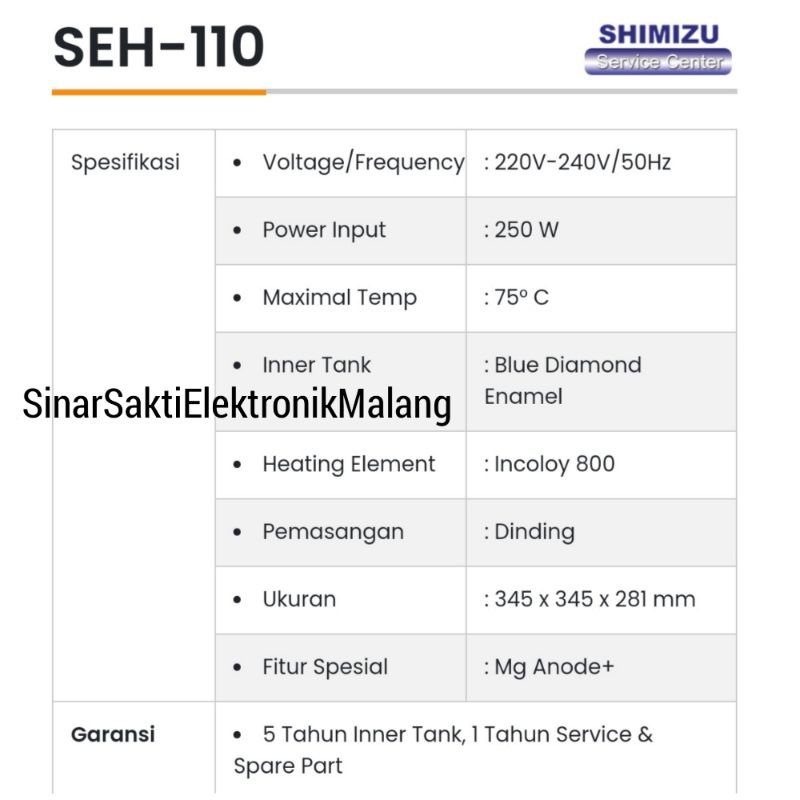 Shimizu Water Heater Listrik 10 Liter SEH 110 Pemanas Air 10L Garansi