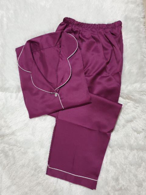 Baju Tidur Piyama Pajamas Wanita/Cewek Satin Silky Velvet Cantik Simple Wanita Dewasa Full Kancing-CP UNGU