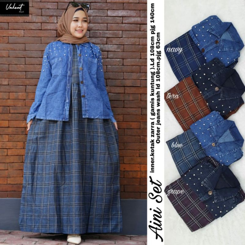 AINI SET, SETELAN WANITA CANTIK DAN ANGGUN ORIGINAL VALENT, INNER ZARA, OUTER JEANWASH GAMIS KUNTUNG