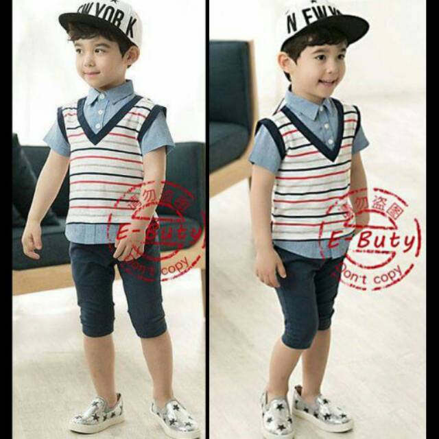 Setelan Anak Cowok Little Frank Stripe Set 2in1 (baju, celana)