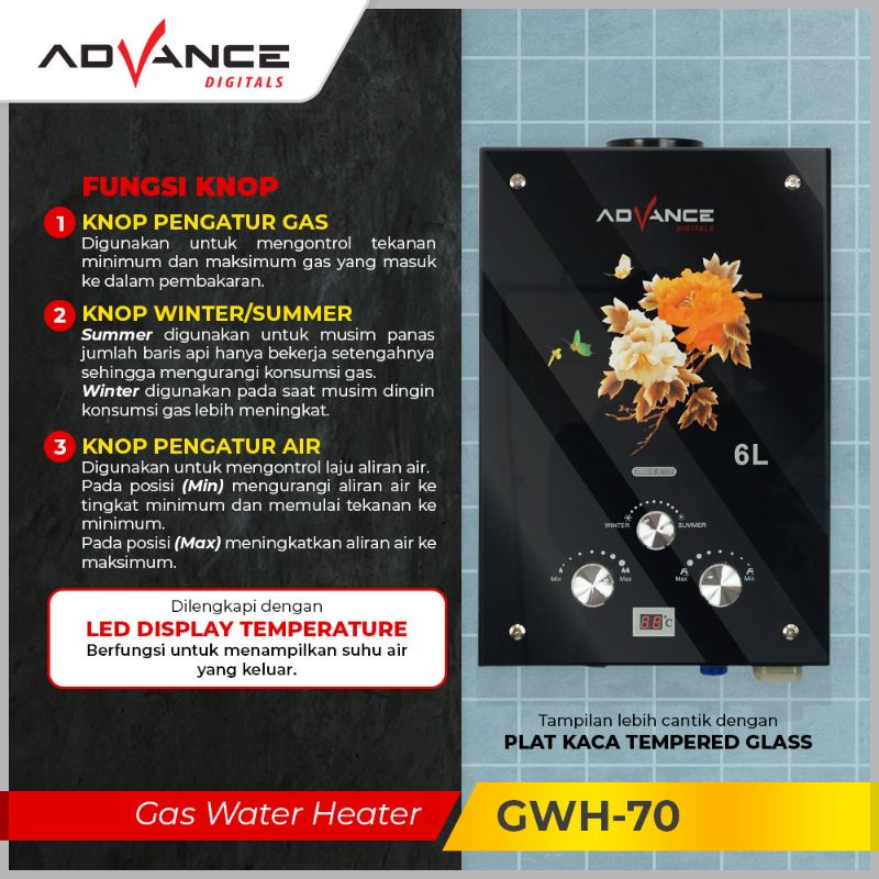 Advance Water Heater Gas 6 Liter GWH-70 LED Display Tempered Glass