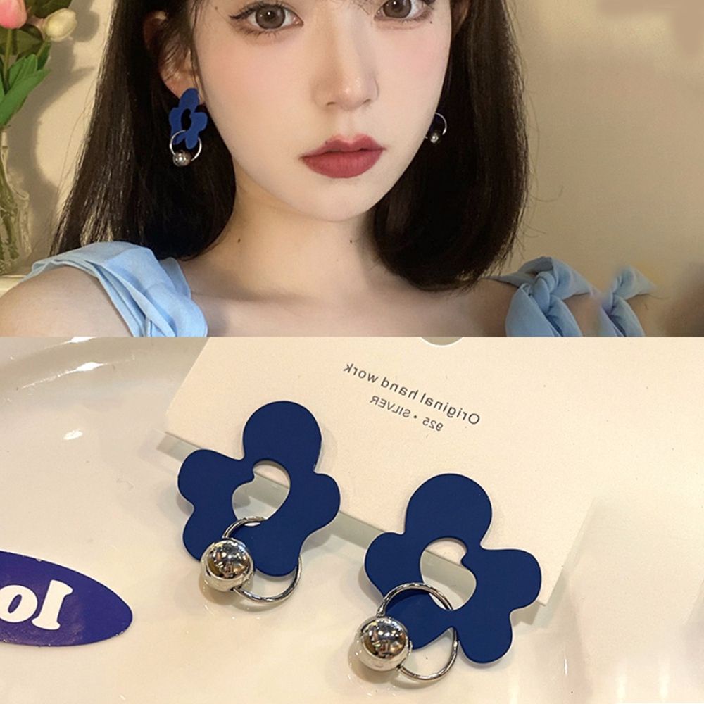Needway  Simple Bow Stud Earrings Geometric Flower Clip Earrings Without Piercing Earring Pearl Women Asymmetry Korean Exquisite Alloy Blue