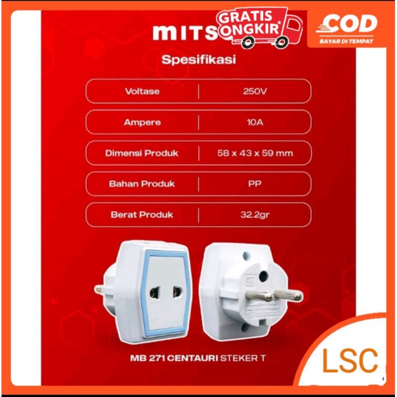 stop Kontak cabang 3 datar centauri steker T Mitsui MB271 SNI