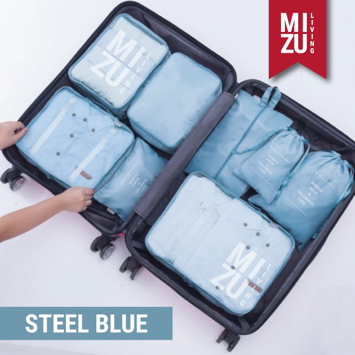 SECRET POUCH Travel Packing Cubes 8in1 Storage Bag Organizer Tas Koper POLOS-STEEL Blue