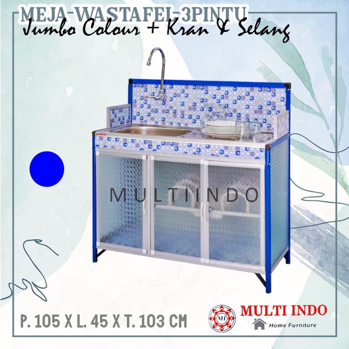 T.Lillie - Meja Washtafel / Cuci Piring Jumbo Warna 3 Pintu + Kran & Selang - Biru