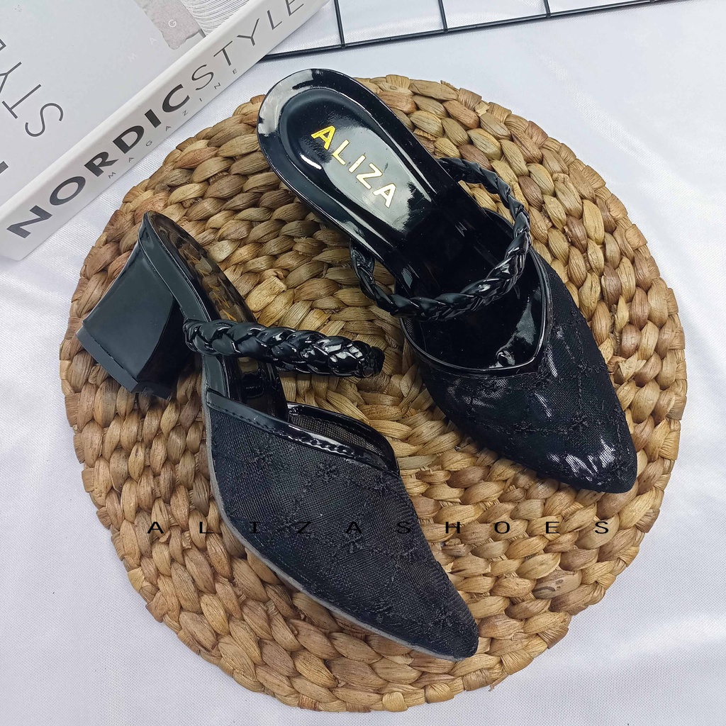 ALIZA SANDAL HEELS WANITA CHUNKY 5 CM JALA RAJUT TERBARU-HITAM