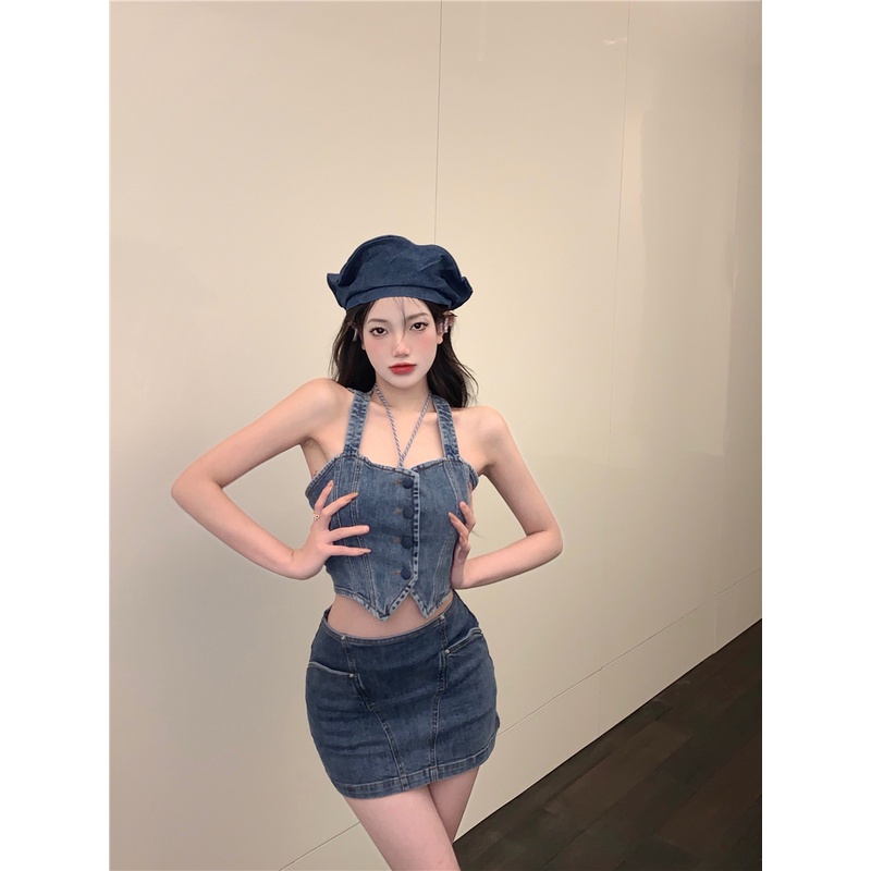 Suhao Tanktop Eropa dan Amerika Retro Gadis Panas In Tide Denim Kamisol Rompi Wanita Musim Panas Pendek Pakaian Luar Bagian Dalam Bawah Kemeja Top