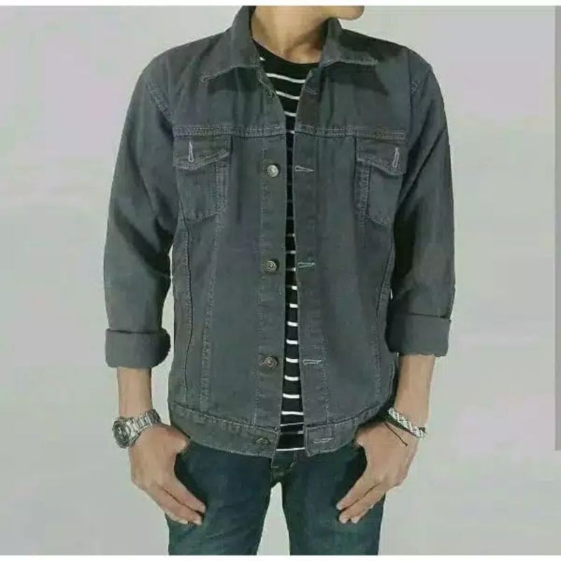 CUCI GUDANG!!!JAKET JEANS POLOS PRIA-JEANS DENIM-JEANS COWOK-JAKET JEANS GAMBAR-JAKET LEVI-ABU