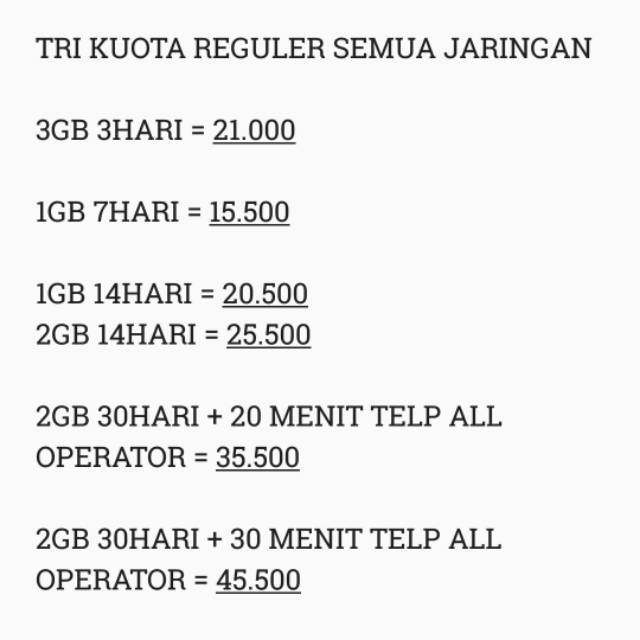 Inject Kuota Paket Data Tri Three 3 Reguler Semua Jaringan Shopee Indonesia