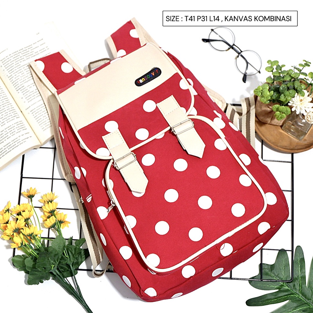 FLASH SALE - BISA COD - TAS WANITA CEWEK RANSEL TUTUP KANVAS VARIAN FASHION produk lokal Polkadot