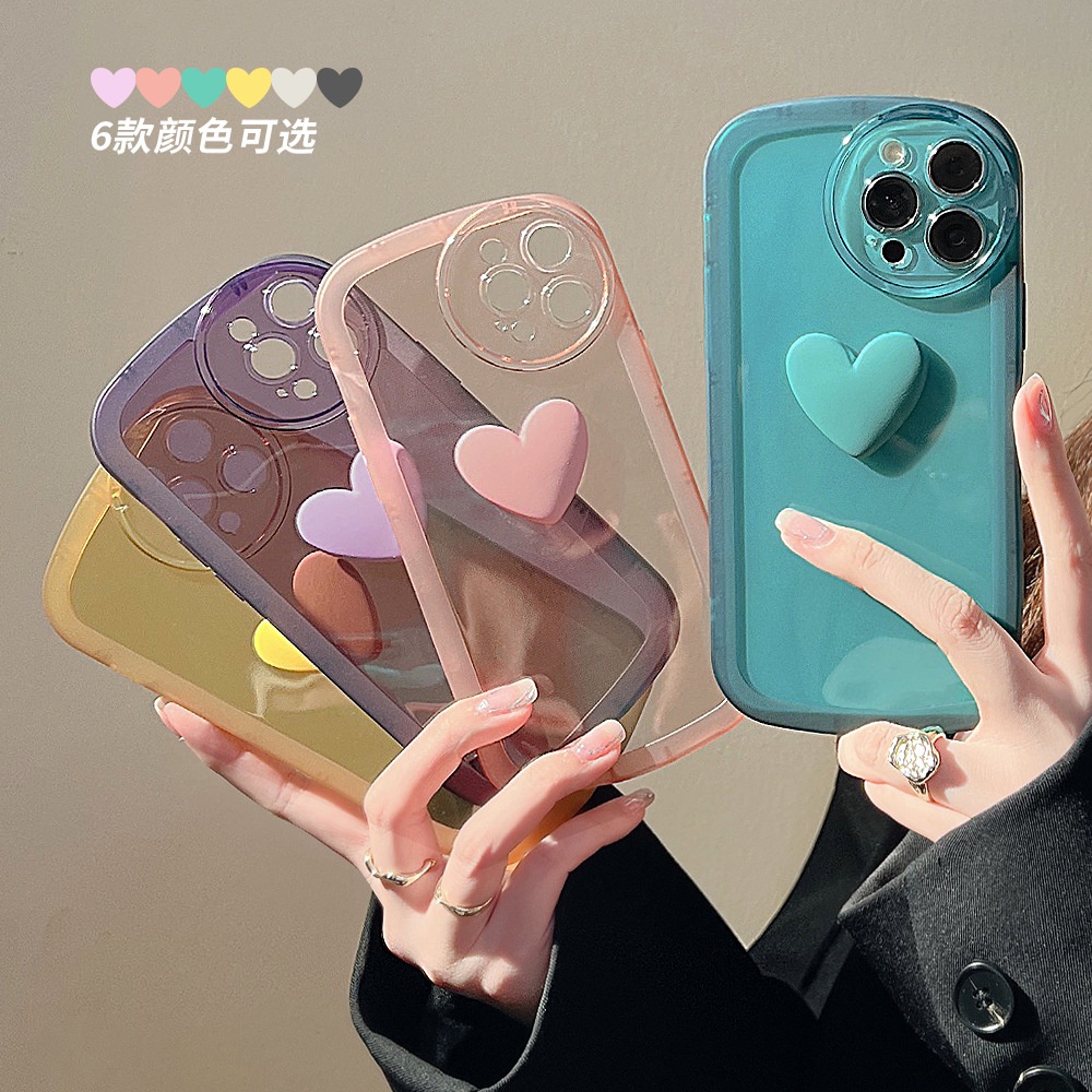 IPHONE 3d Cinta Hati Warna Solid Transparan Musim Panas Phone Case Cover Untuk Iphone7 8 PLUS X XR XS 11 12 13 14 PRO MAX SE 2020