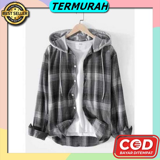 Aitentica Bju Kemeja Hem Pria Lengan Panjang Baju Cowok Kotak Kotak Ke (Cod) Kemeja Flanel Hoodie Ju