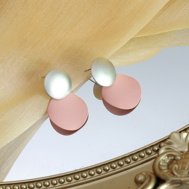 S925 Jarum Perak Anting Cakram Merah Muda Anting Gadis Cinta Bengkak Karamel Aksesoris Ceruk Geometris Mode Korea