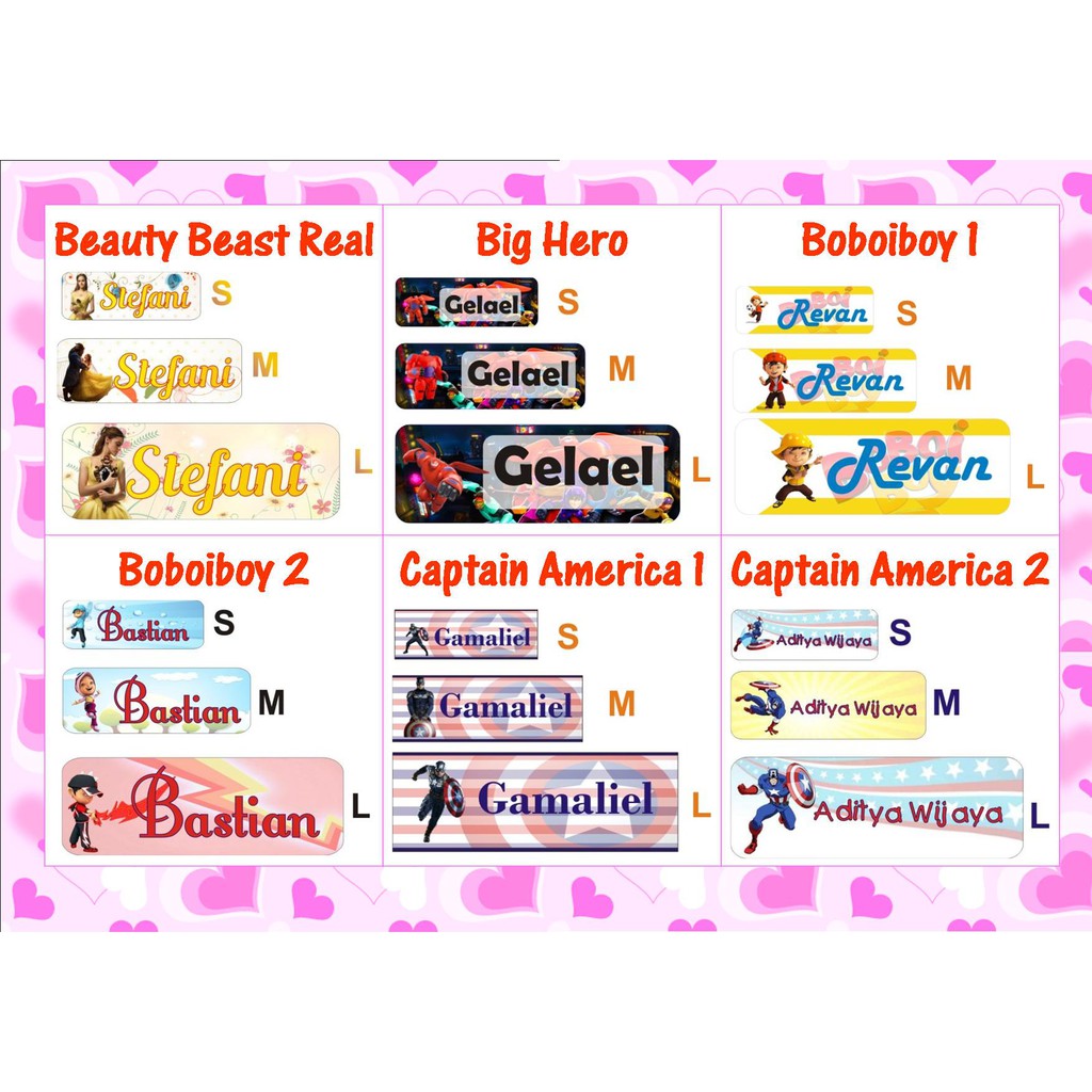 

STIKER STICKER LABEL NAMA WATERPROOF BASIC: BEAUTY BEAST , BIG HERO , BOBOIBOY , CAPTAIN AMERICA