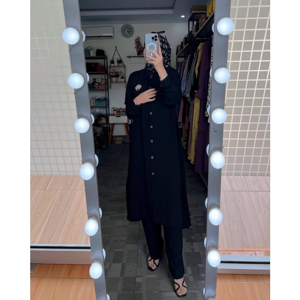 Once Set Tunik - One Set Wanita Kekinian Rayon Setelan Wanita Tunik Kancing Celana Panjang LD 110 cm