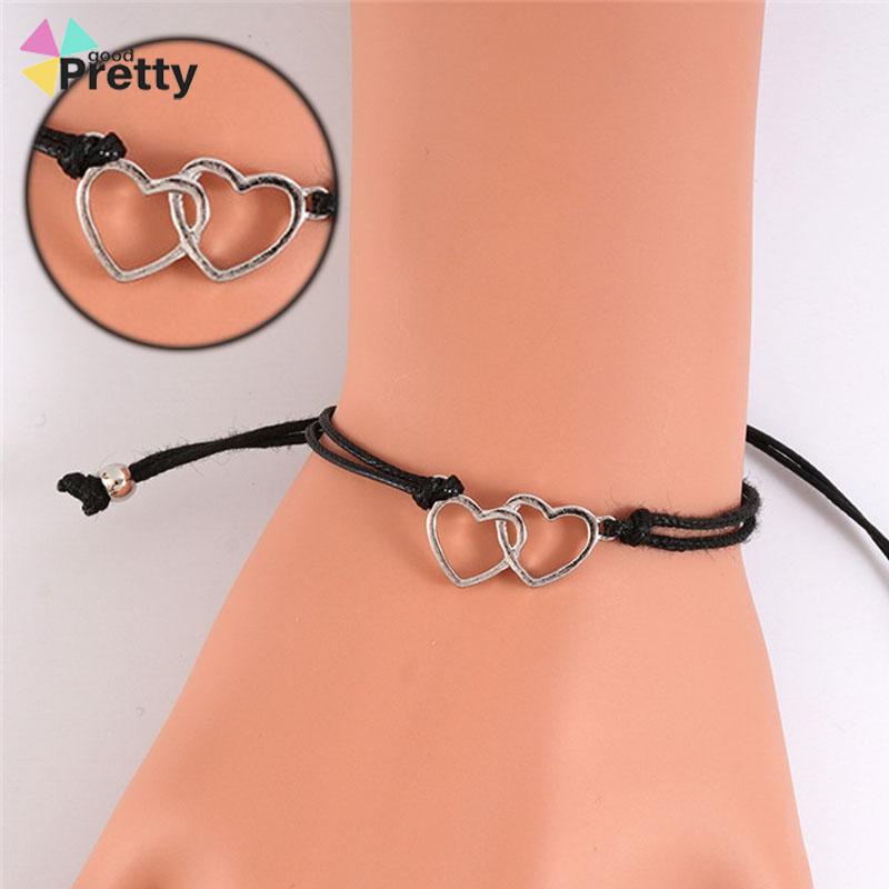 2 Pcs Fashion Ganda Bentuk Hati Gelang Adjustable Tenun Wanita Pria Gelang Pasangan Hadiah Perhiasan Aksesoris - PD