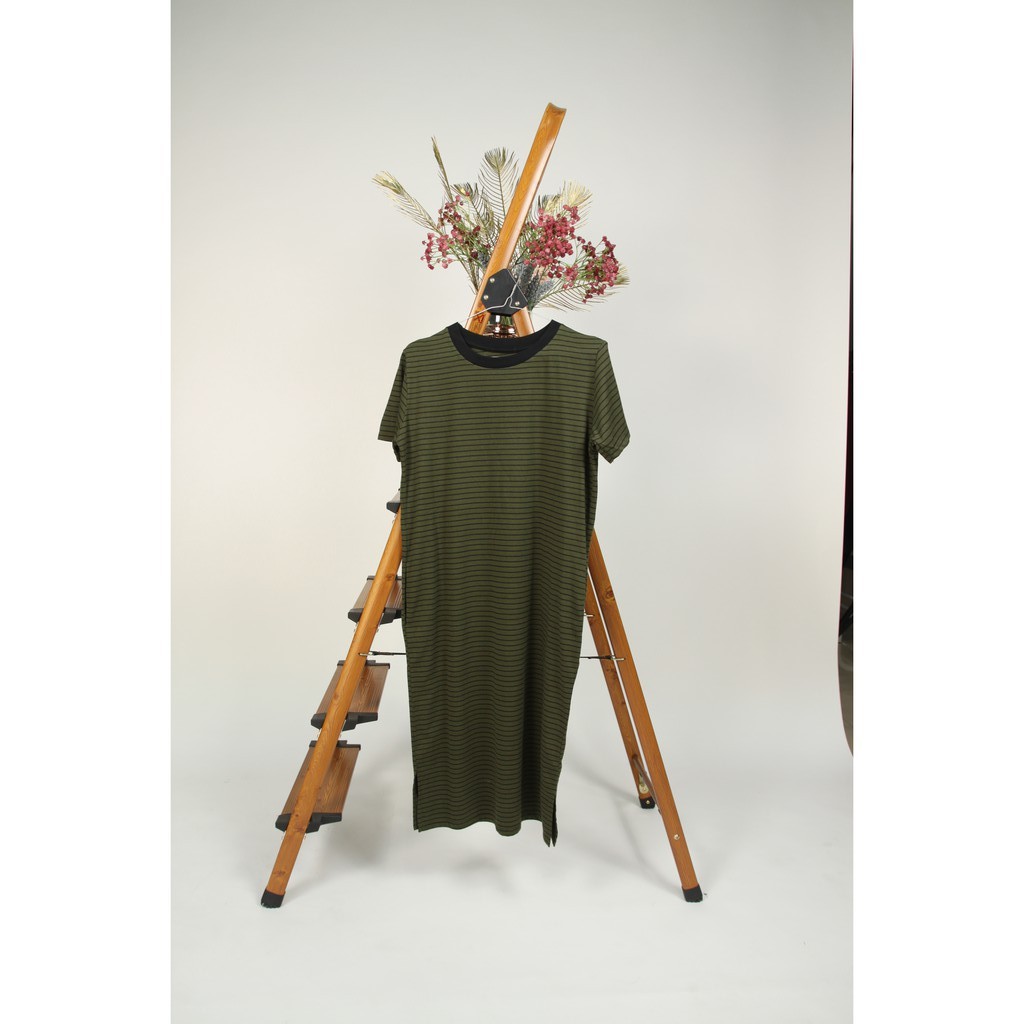 Sahaja Clothing ID Dress Lengan Pendek Stripe Olive  Tua  