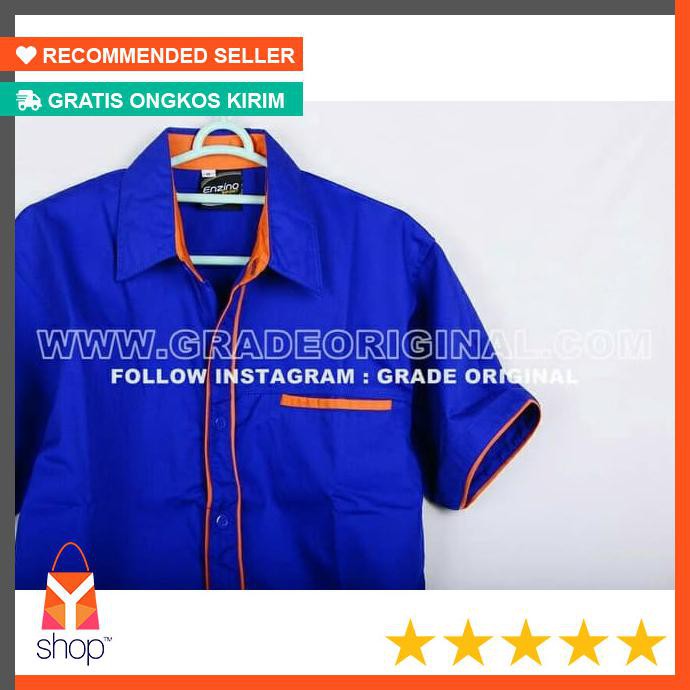 BAGUS BUKTIKAN  EP-02 Baju Kemeja Seragam Kerja Pria Biru Lis Orange - Biru, M