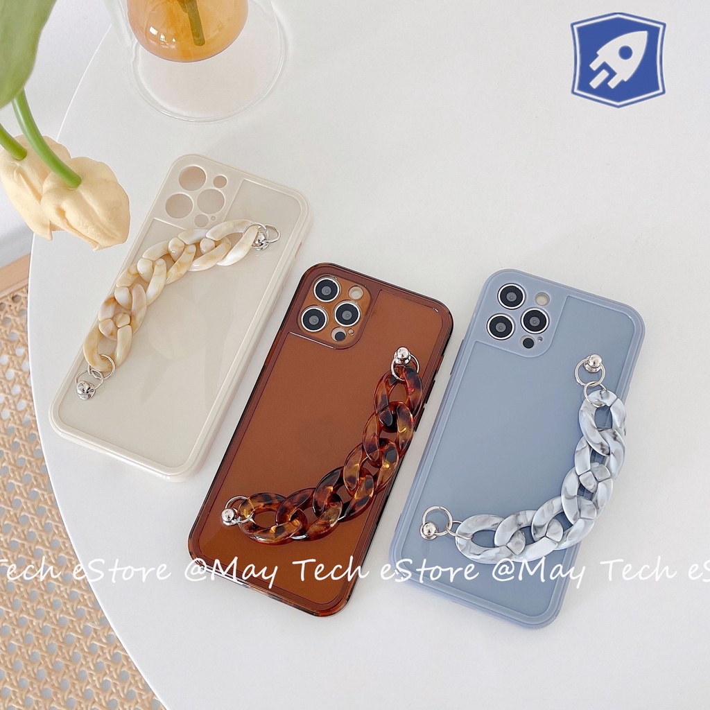 Casing iPhone Putih Beige / Biru / Coklat Coffee Transparan dengan Hand Grip Rantai iPhone X XS XR XSMAX 11 12 13 PRO PROMAX