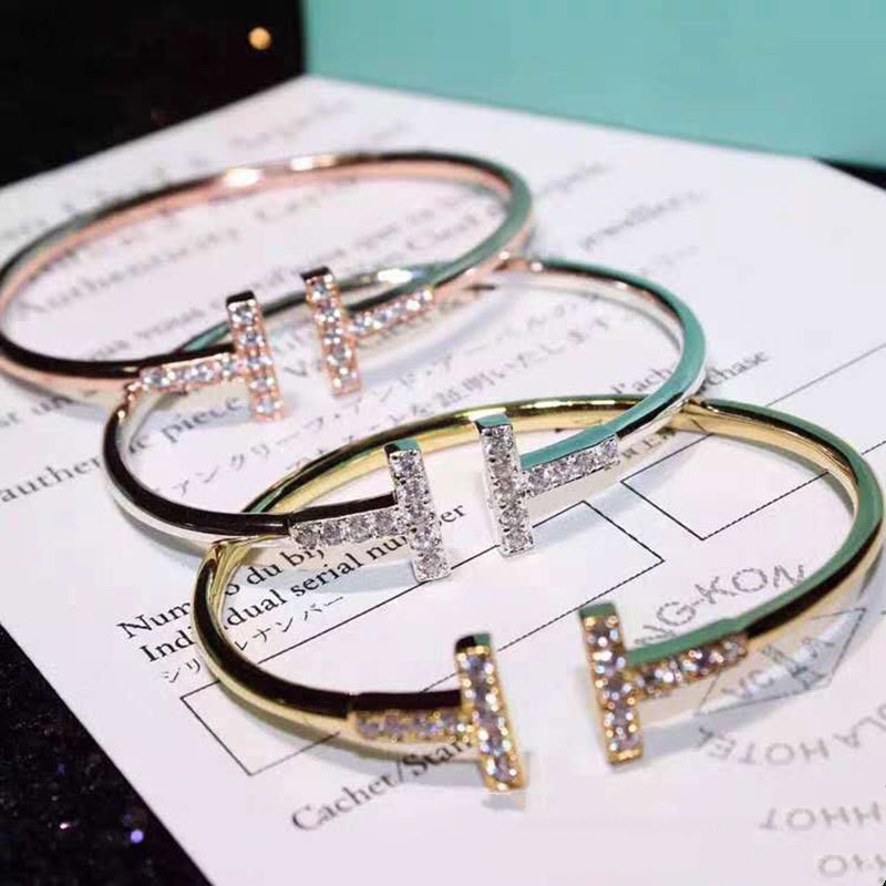 Gelang Bangle Bentuk T Bahan Alloy Hias Berlian Imitasi Untuk Wanita