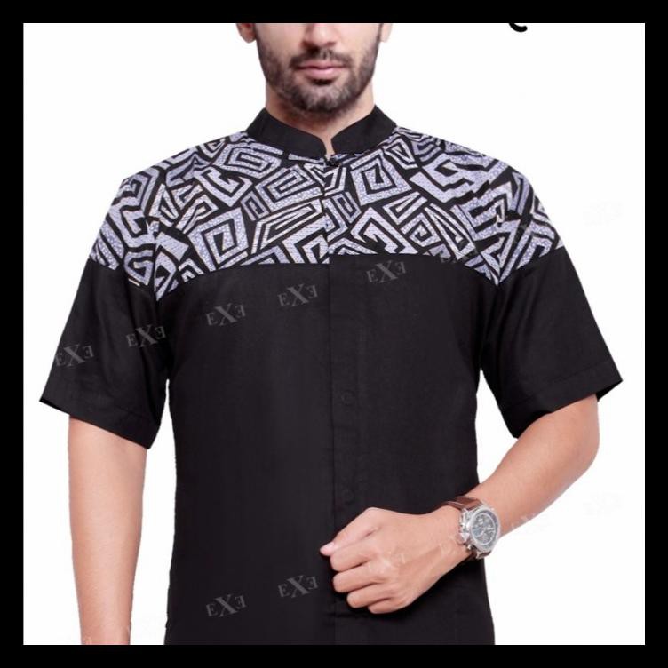 STOK BARU KEMEJA / BAJU KOKO MUSLIM COUPLE AYAH ANAK - HITAM KOMBINASI BATIK 2 KOKO LAKI-LAKI MURAH