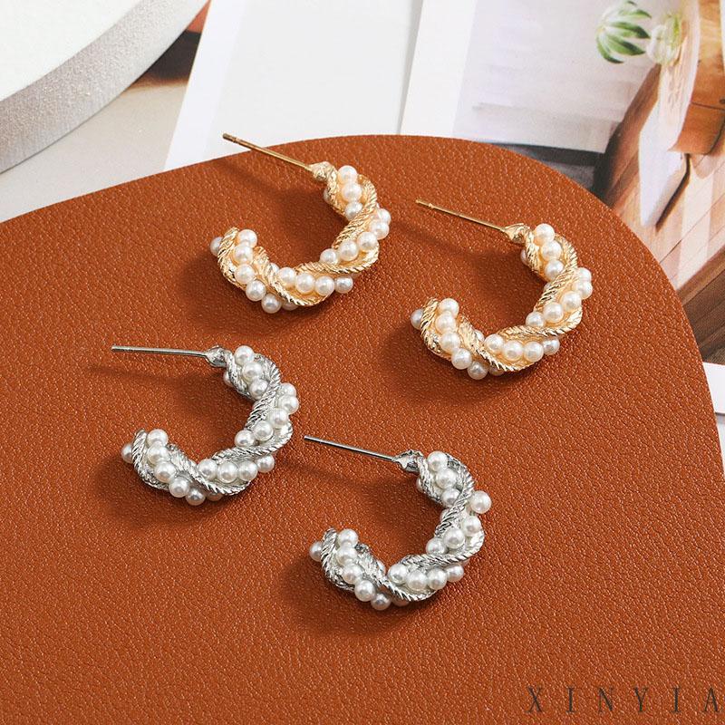 Perhiasan Anting Bentuk C Spiral Aksen Mutiara