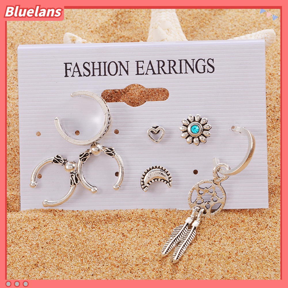 7pcs Anting Stud Bentuk C Desain Dream Catcher Bulan Hati Gaya Retro Untuk Wanita