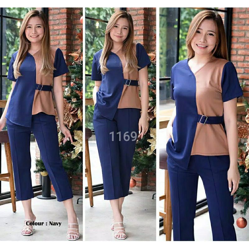 SETELAN YULI XL WANITA SET WANITA FASHION 1169 V NECK KOMBINASI