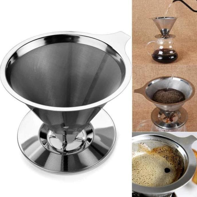 Coffee Dripper Stainless Cone Double Mesh Saringan Kopi