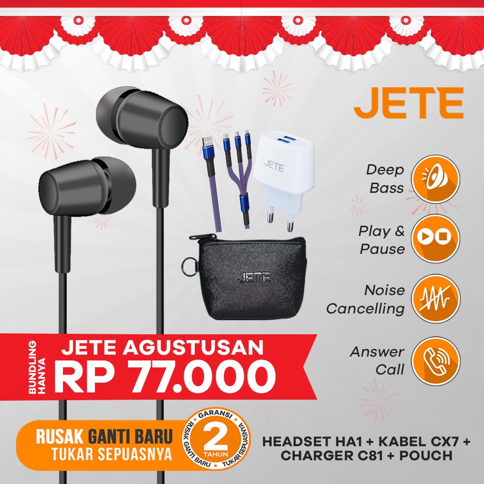 BUNDLING JETE AGUSTUSAN Earphone HA1 + Kabel CX7 + Charger C81 + Pouch