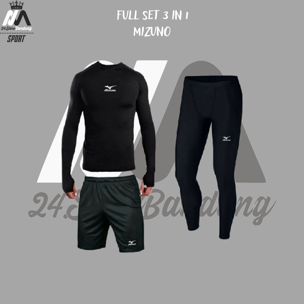 Full Set  Baju Olahraga Pria Manset Baselayer Celana Pendek Legging Outdoor Futsal Gym Lari Sepeda Senam Renang