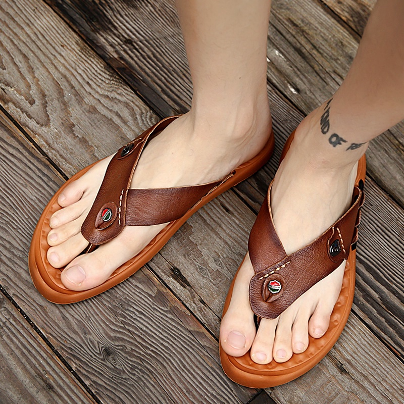 100% Kulit Asli COD Sandal Jepit Pria Olahraga Sandal Outdoor Fashion Karet Rumah Sandal Santai Pria Sepatu Keren 040