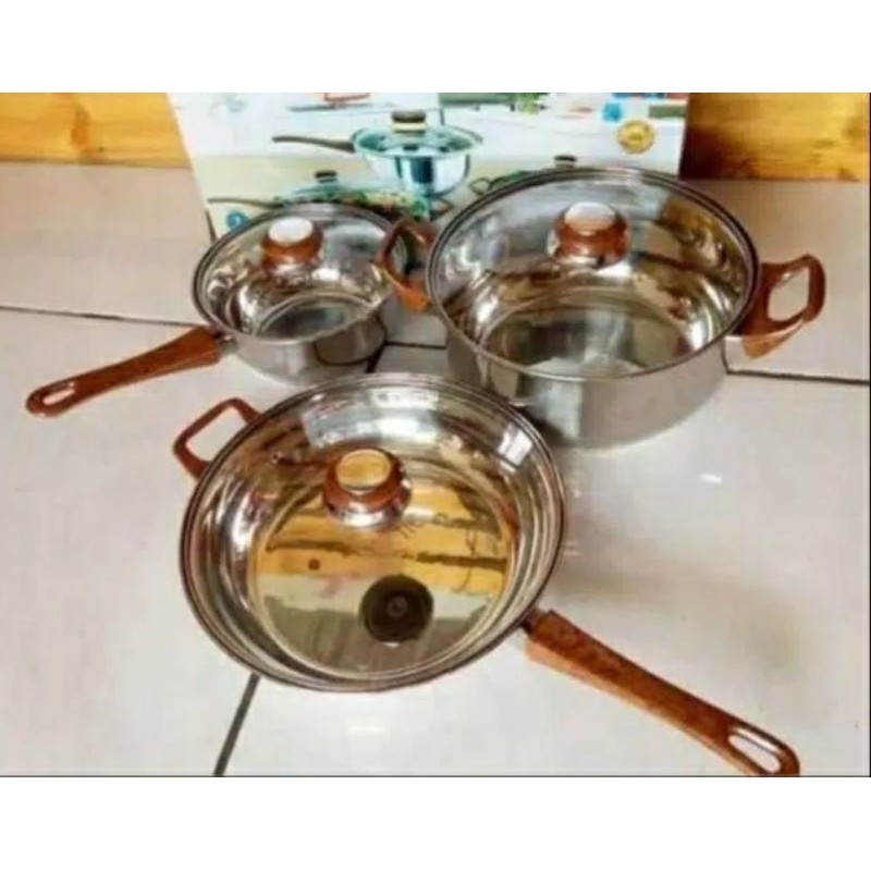 Panci , 7206 ,  Multifungsi , Wajan , Penggorengan , Panci 3 Set tutup kaca , Stainless