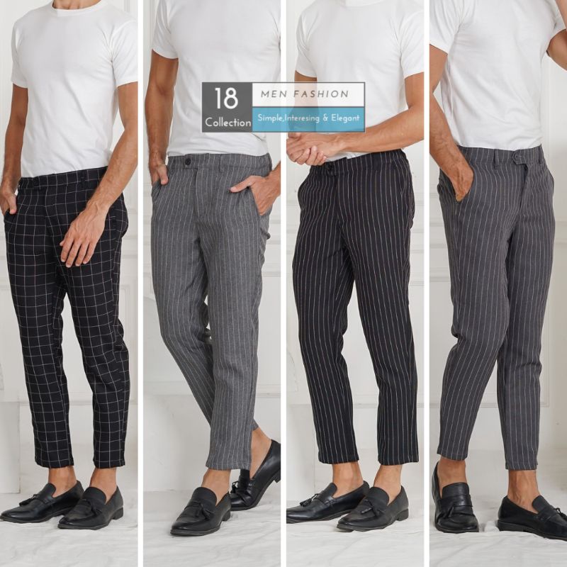 [Best Seller] Men Trousers Stripe &amp; Plain Celana Bahan Kantoran Motif Garis &amp; Polos