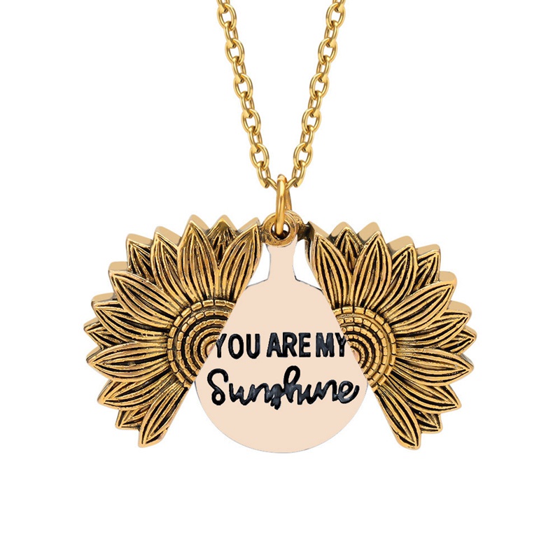 【Ready Stock】Vintage Women Gold Silver Rose Gold Pendant Lover Couple Necklaces You Are My Sunshine Open Locket Sunflower Long Necklace