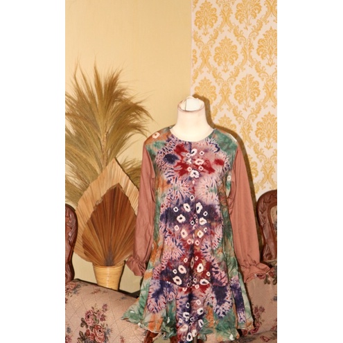 Tunik Rempel Bawah Kombinasi Jumputan Motif Pola Tengah Kembang