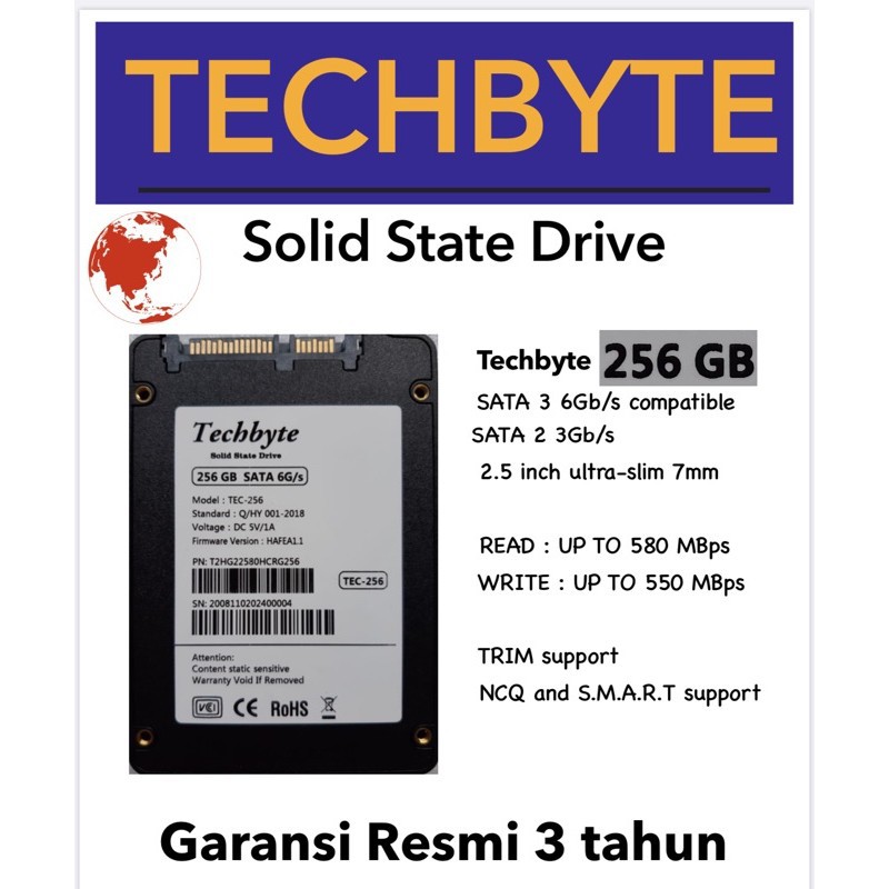 SSD 128GB dan 256GB TECHBYTE GARANSI RESMI ORIGINAL