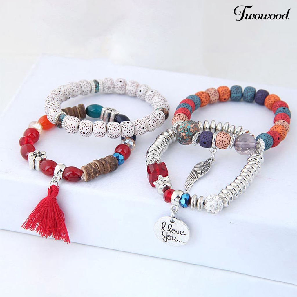 4pcs / Set Gelang Manik-Manik Kayu Bahan Alloy Untuk Pesta