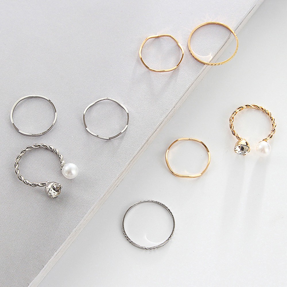 4Pcs / Set Cincin Fashion Terbuka Aksen Berlian Imitasi + Mutiara untuk Wanita