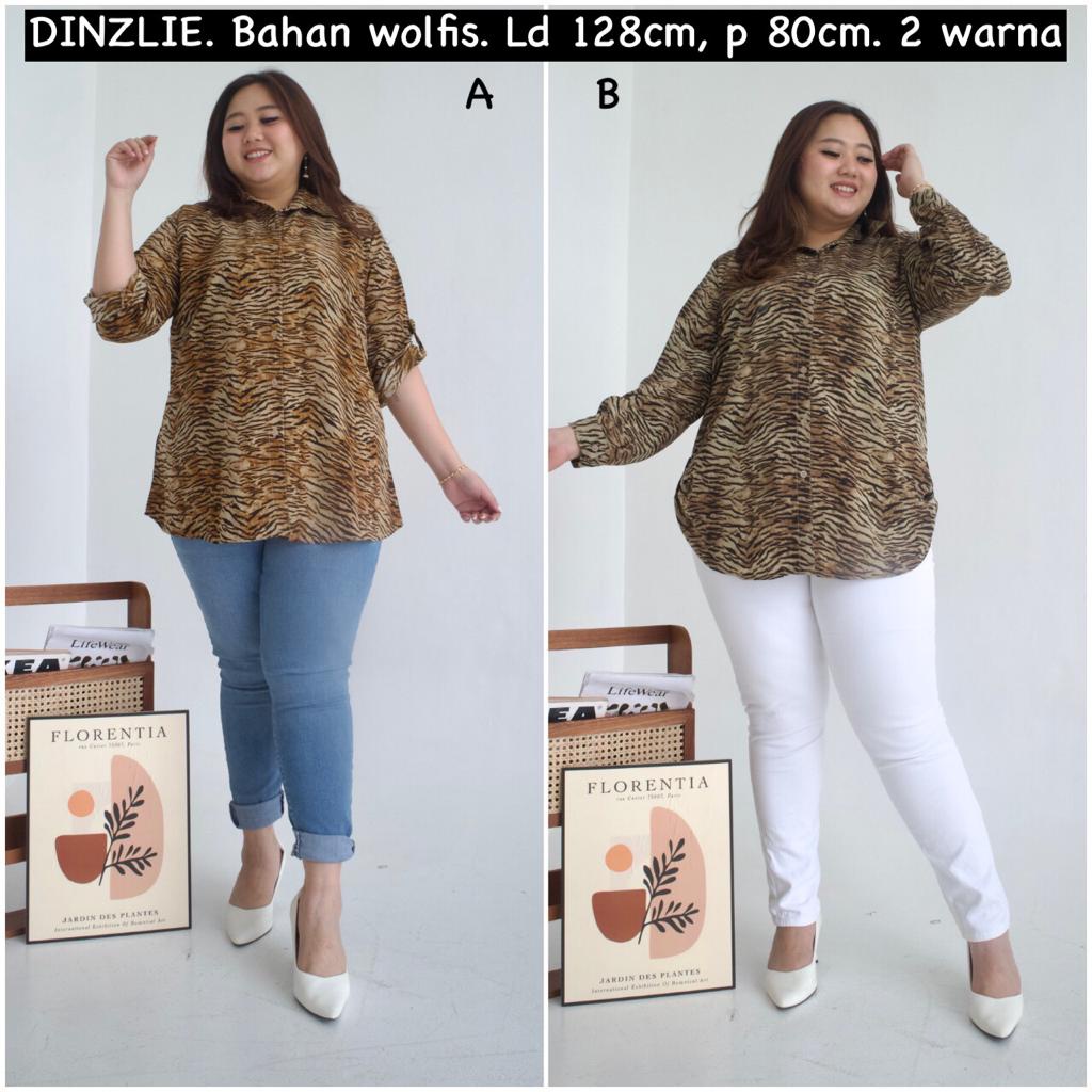 DINZLIESHOP KEMEJA WANITA LENGAN PANJANG BAHAN WOLFIS MOTIF LEOPARD MACAN JUMBO BIGSIZE XXXL