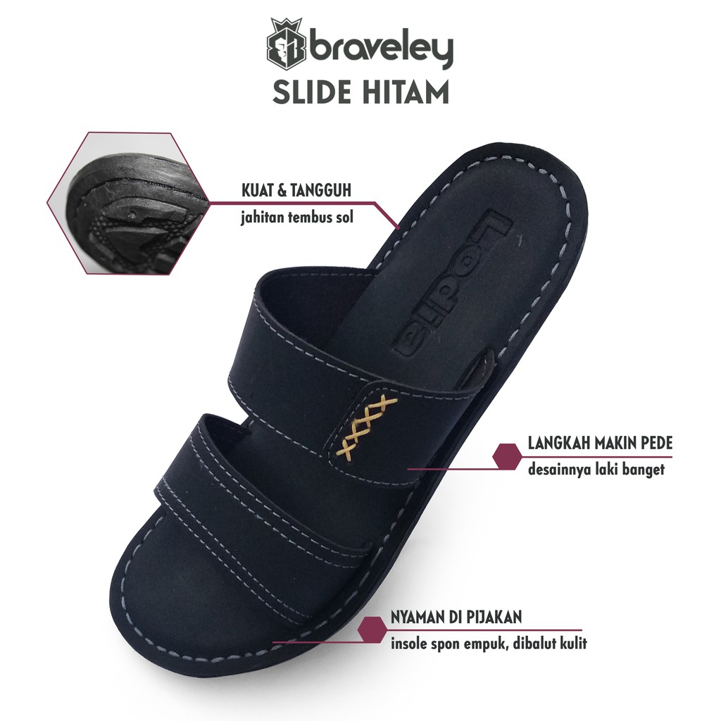 SANDAL PRIA SLIDE KULIT PU WARNA HITAM BRAVELEY