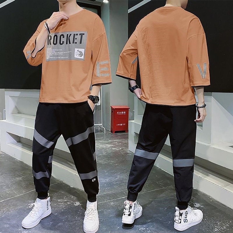 STELAN KAOS OVERSIZE PRIA ROCKET DAN CELANA JOGGER COWOK FASHION SETELAN