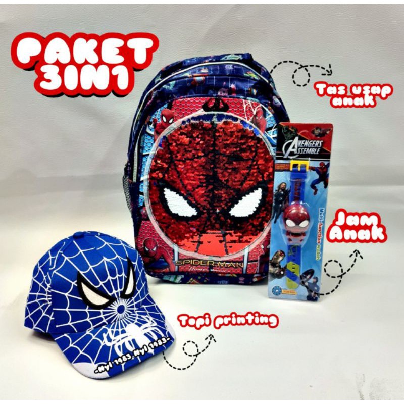 Tas ransel anak usap 2 gambar karakter superhero gratis topi jam tangan - Tas anak